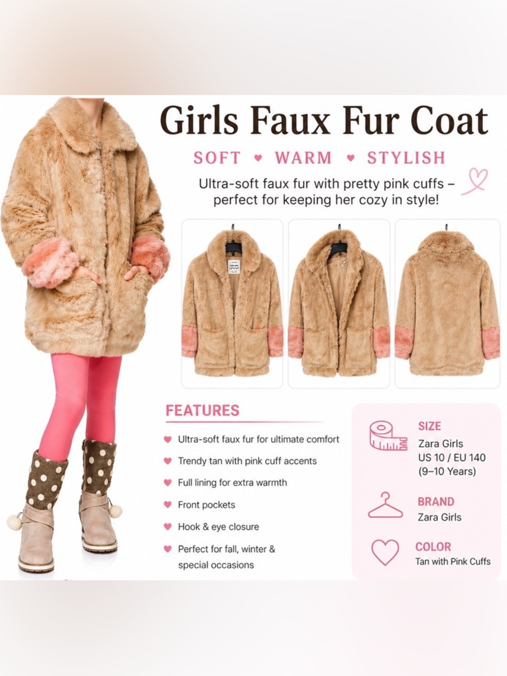 Zara Girls Faux Fur Coat Size 10 Tan Jacket with Pink Cuffs, Soft Winter Coat